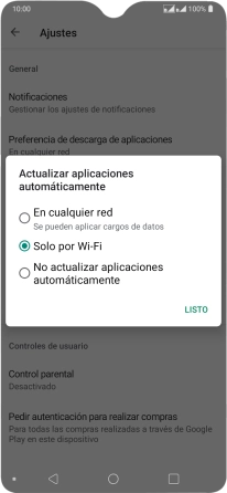 Para activar la actualización automática de apps utilizando la red móvil, pulsa En cualquier red.