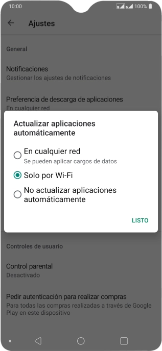 Para activar la actualización automática de apps utilizando la red móvil, pulsa En cualquier red.