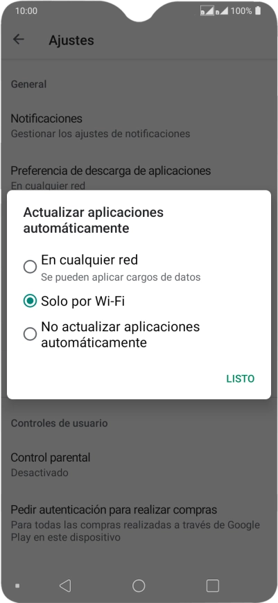 Para activar la actualización automática de apps utilizando la red móvil, pulsa En cualquier red.