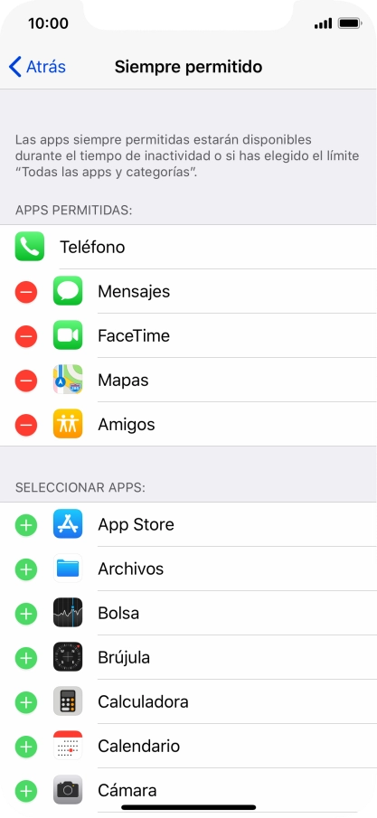 Pulsa el icono de eliminar junto a la app deseada para borrarla de la lista de apps permitidas bajo el tiempo de inactividad de pantalla.