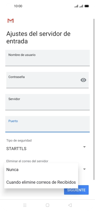 Pulsa Nunca para conservar los correos electrónicos en el servidor cuando los borras del teléfono.
