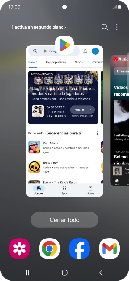 Para cerrar una sola aplicación en ejecución, desliza el dedo hacia arriba sobre la aplicación deseada.