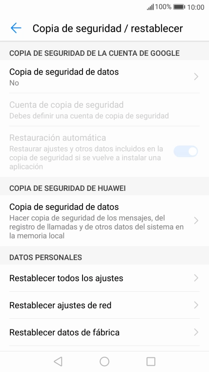 Pulsa Restablecer datos de fábrica.