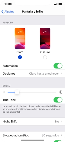 Si activas la función, pulsa Opciones y sigue las indicaciones de la pantalla para seleccionar el período de tiempo que debe durar el Modo Oscuro.