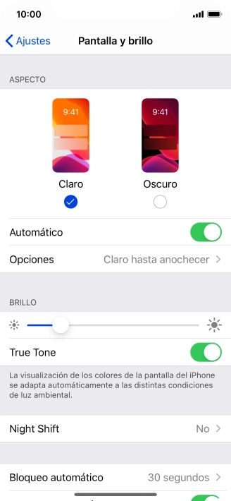 Si activas la función, pulsa Opciones y sigue las indicaciones de la pantalla para seleccionar el período de tiempo que debe durar el Modo Oscuro.