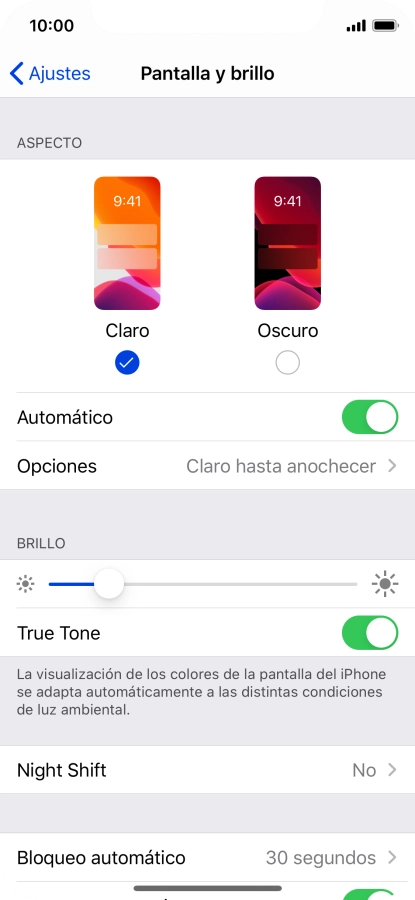 Si activas la función, pulsa Opciones y sigue las indicaciones de la pantalla para seleccionar el período de tiempo que debe durar el Modo Oscuro.