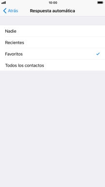 Pulsa el ajuste deseado para seleccionar qué contactos deben recibir un mensaje automático indicando que la función de 