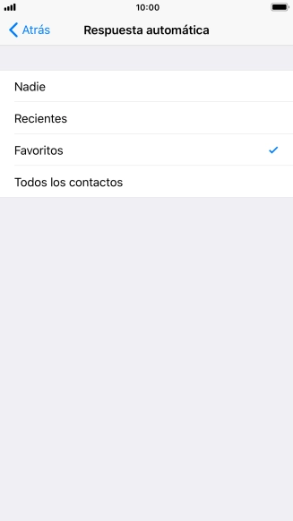 Pulsa el ajuste deseado para seleccionar qué contactos deben recibir un mensaje automático indicando que la función de 