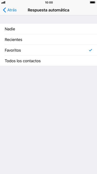 Pulsa el ajuste deseado para seleccionar qué contactos deben recibir un mensaje automático indicando que la función de 