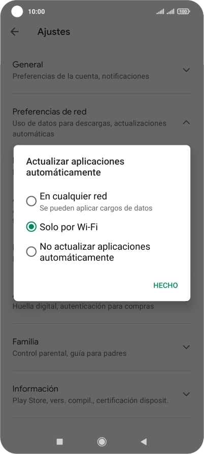 Para activar la actualización automática de apps utilizando la red móvil, pulsa En cualquier red.