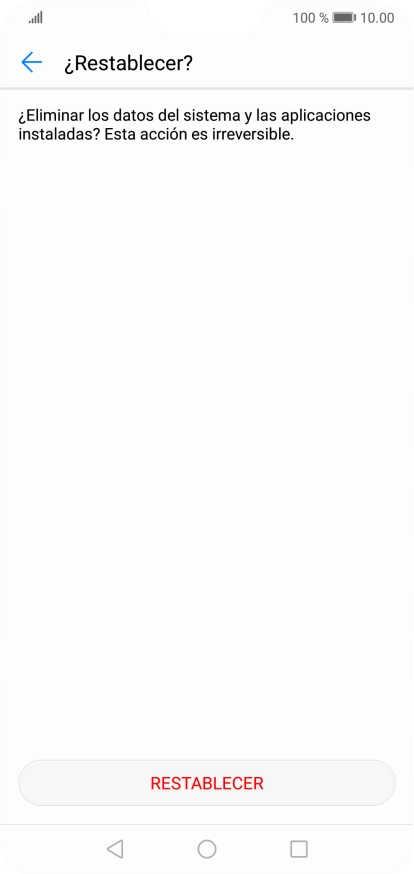 Pulsa RESTABLECER. Espera unos instantes mientras el teléfono restablece la configuración predeterminada. Sigue las indicaciones de la pantalla para configurar el teléfono y dejarlo listo para su uso.