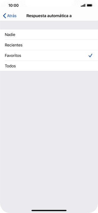 Pulsa el ajuste deseado para seleccionar qué contactos deben recibir un mensaje automático indicando que la función de 