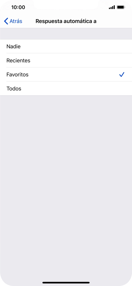 Pulsa el ajuste deseado para seleccionar qué contactos deben recibir un mensaje automático indicando que la función de 