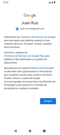 Pulsa Acepto y sigue las indicaciones de la pantalla para seleccionar los ajustes de tu cuenta de Google.