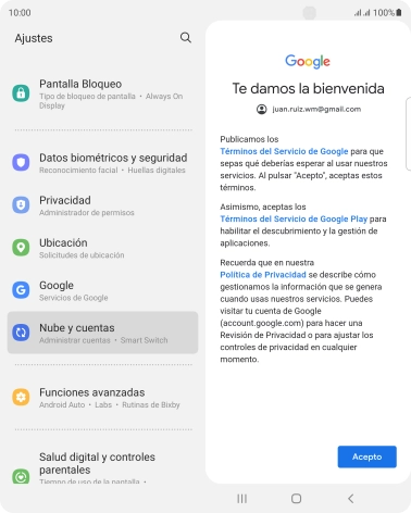 Pulsa Acepto y sigue las indicaciones de la pantalla para seleccionar los ajustes de tu cuenta de Google.