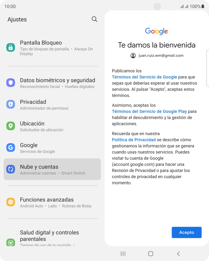 Pulsa Acepto y sigue las indicaciones de la pantalla para seleccionar los ajustes de tu cuenta de Google.