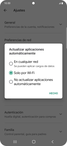 Para activar la actualización automática de apps utilizando la red móvil, pulsa En cualquier red.