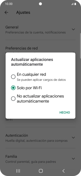 Para activar la actualización automática de apps utilizando la red móvil, pulsa En cualquier red.
