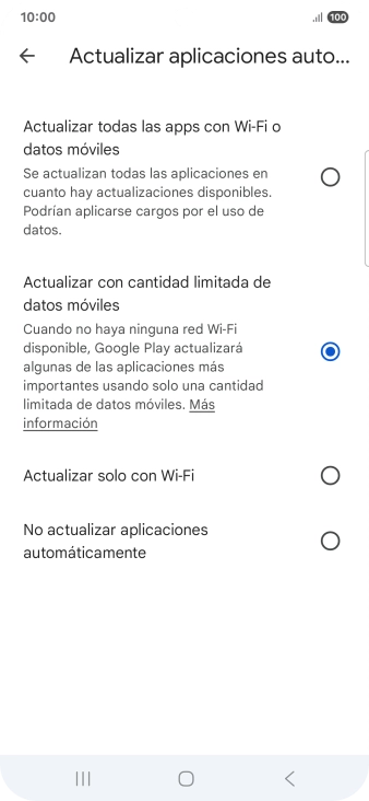 Para activar la actualización automática de apps utilizando la red móvil, pulsa Actualizar todas las apps con Wi-Fi o datos móviles.
