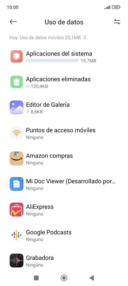 El consumo de datos por cada aplicación aparece bajo el nombre de la aplicación.