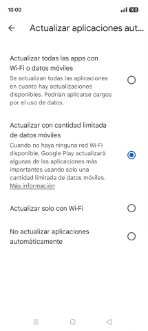 Para activar la actualización automática de apps utilizando la red móvil, pulsa Actualizar todas las apps con Wi-Fi o datos móviles.
