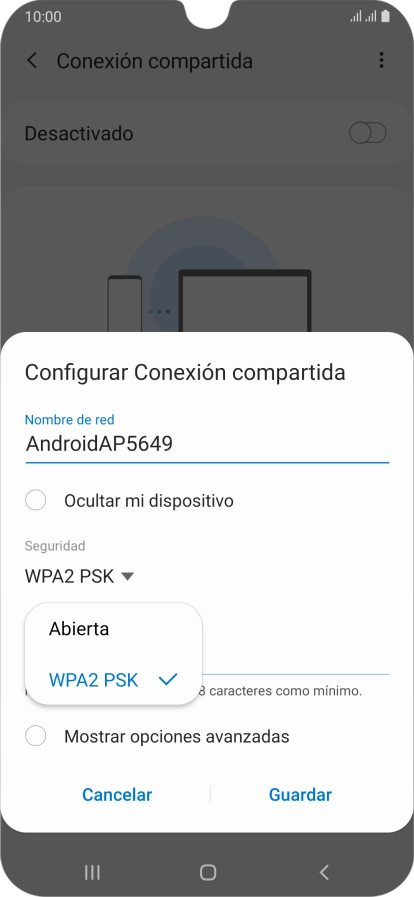 Pulsa WPA2 PSK para proteger la conexión wifi con una contraseña.