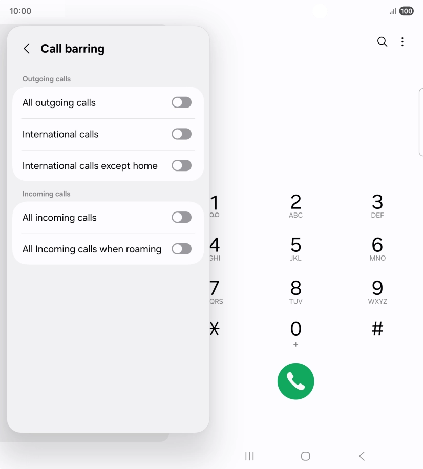 Press the indicator next to the required barring type to turn the function on or off.