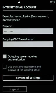 Press Outgoing server requires authentication to turn SMTP authentication on or off.If you turn on SMTP authentication:Follow the instructions on the display to key in the username and password for your email account.Please note that if you're using Vodafone's outgoing server, turn off SMTP authentication and leave the username and password fields empty.