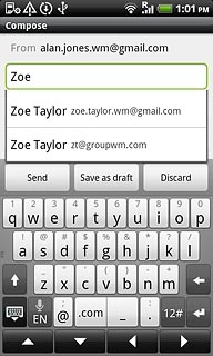 An email message containing the picture or video clip is created.Key in the first letters of the required contact.Matching contacts are displayed.Press the required contact.
