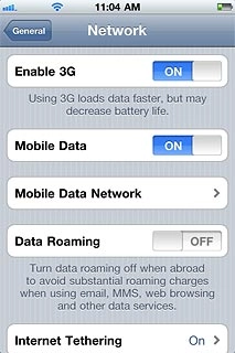 Press the indicator next to Enable 3G.Depending on the current setting, the function is turned on or off.