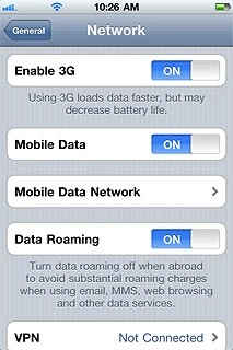 Press the indicator next to Mobile Data.Depending on the current setting, the function is turned on or off.