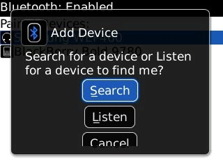 Scroll to Search and press the Navigation key.Your phone now searches for devices and after a moment, a list of Bluetooth devices within range is displayed.