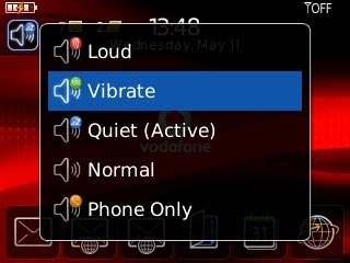 To turn on vibration:Scroll to Vibrate and press the Navigation key.