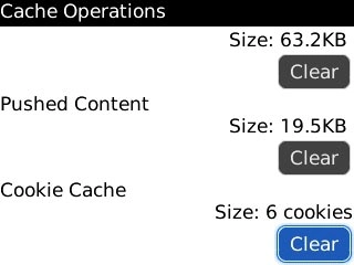 Scroll to Clear below Cookie Cache and press the Navigation key.