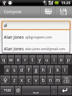 An email message containing the picture or video clip is created.Key in the first letters of the required contact.Matching contacts are displayed.Press the required contact.