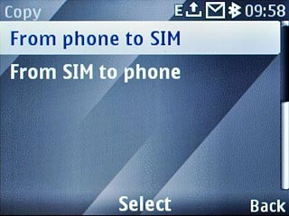 Highlight From phone to SIM or From SIM to phone and press the Navigation key.