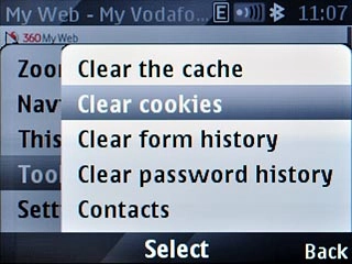 Scroll to Clear cookies and press the Navigation key.