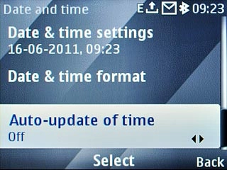 Scroll to Auto-update of time and press Navigation key right to select the required setting.