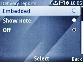To turn on delivery reports:Highlight Embedded or Show note and press the Navigation key.