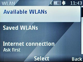 Scroll to Available WLANs and press the Navigation key.