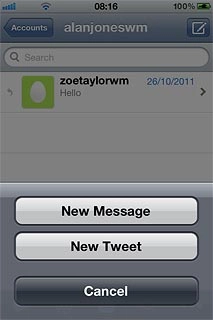 Press New Message.Key in the first letters of the required Twitter contact.Matching Twitter contacts are displayed.
