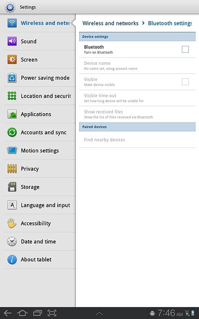Press Bluetooth to turn Bluetooth on or off.