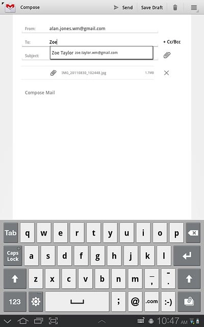 An email message containing the picture or video clip is created.Key in the first letters of the required contact.Matching contacts are displayed.Press the required contact.