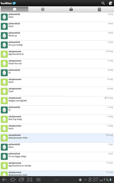 You can now use the application.Please note that Twitter isn't part of the original application package and therefore only a general description is given here.You have a number of options, such as:Write status updatesView status updates from people you followView messages sent directly to youTurn status updates on or off