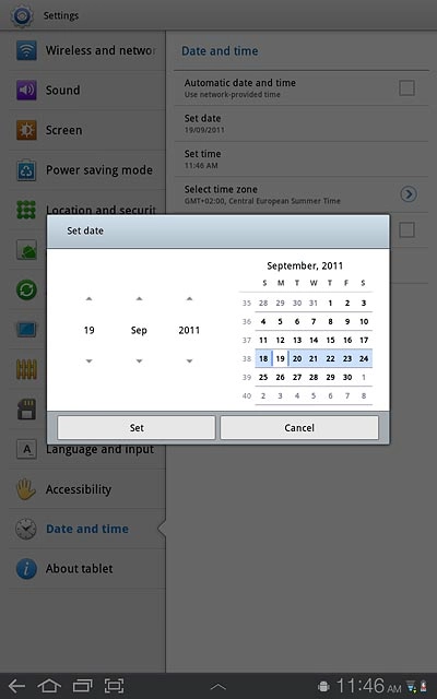 Press arrow up or arrow down above or below day, month and year to set the date.