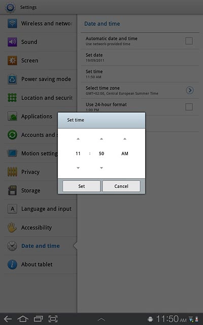 Press arrow up or arrow down above or below hour, minute and AM/PM to set the time.