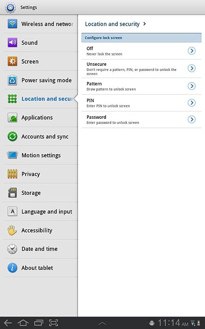 Press Off or Unsecure to turn use of lock code off.