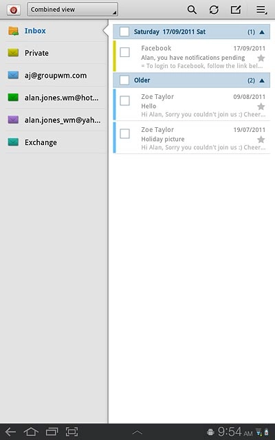 Press the drop down list at the top of the display and press the required email account.