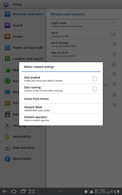 Press Data enabled to activate or deactivate data connections.