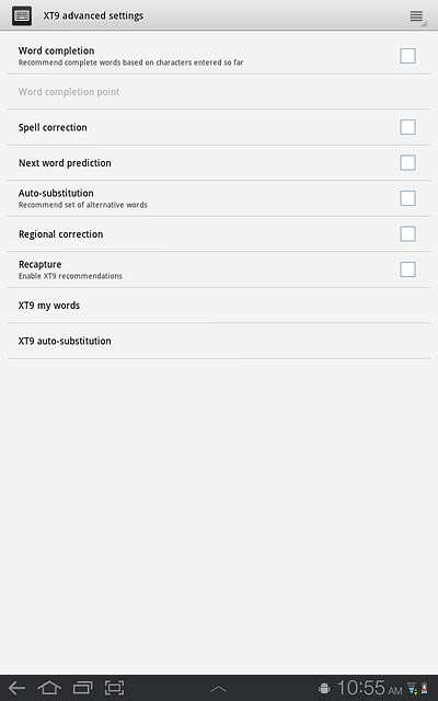 Press Word completion to turn word suggestion on or off: